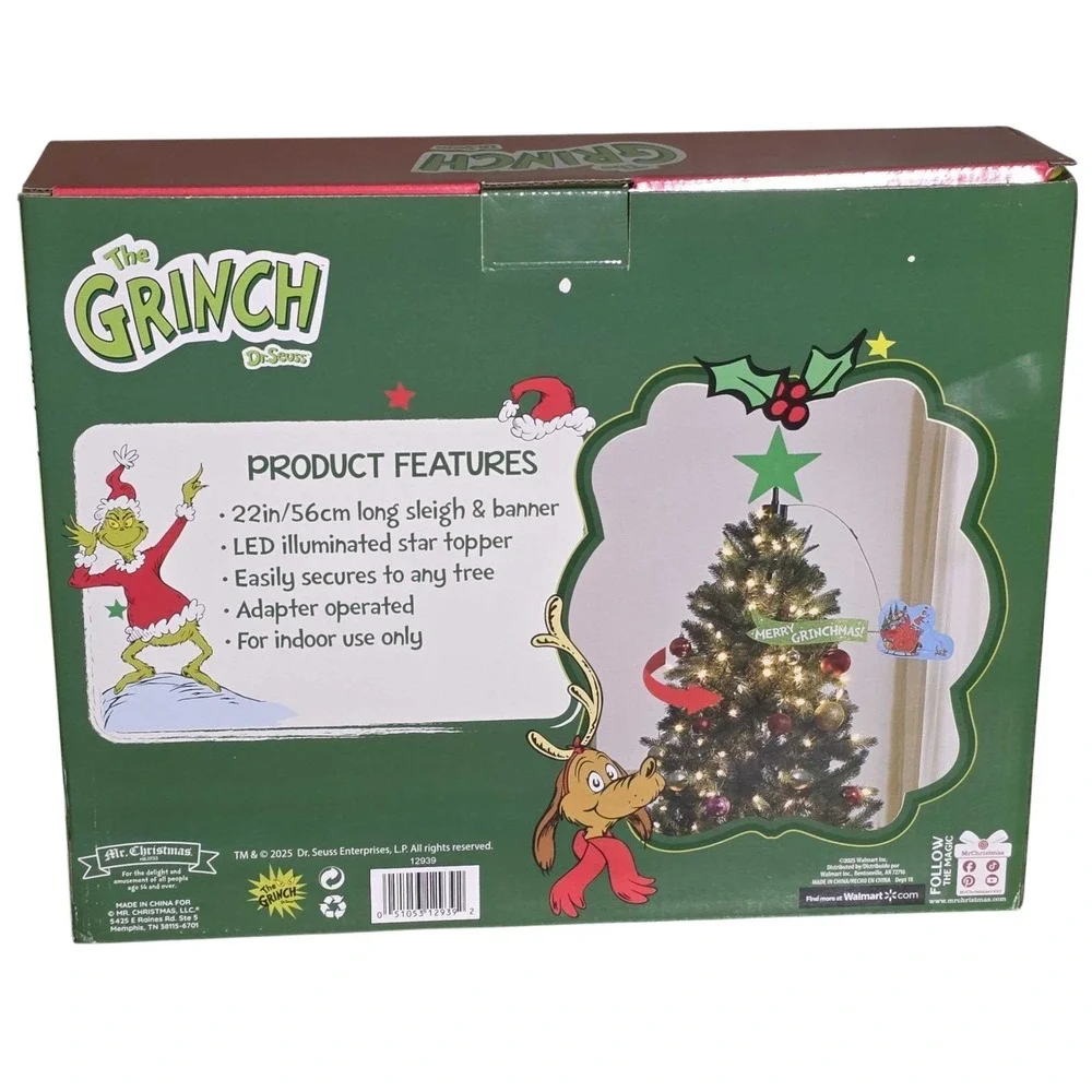 Mr Christmas The Grinch Animated Tree Topper LED Star Circling Sleigh Banner NEW